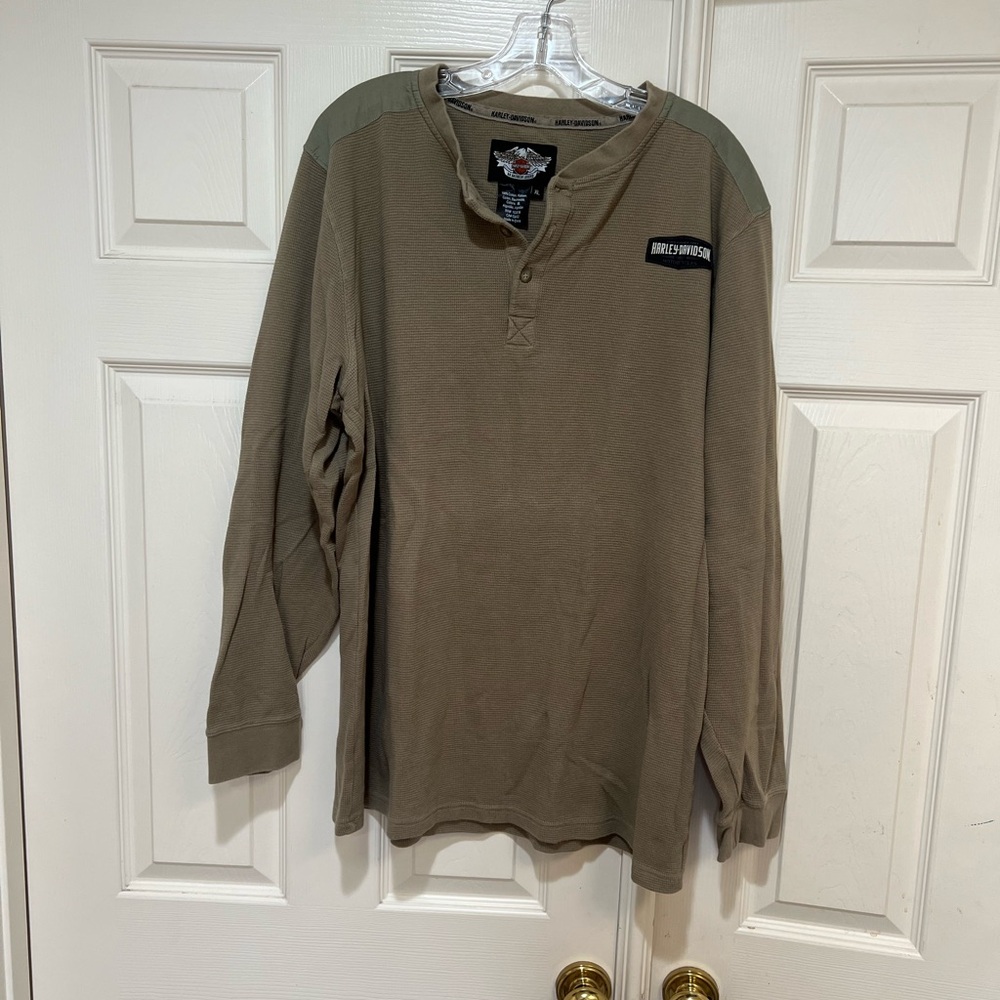 Harley Davidson Henley Shirt Mens XL Olive Green‎ Patch Elbow Long Sleeve Cotton